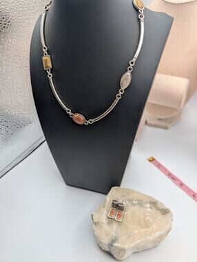 Brighton Sundance Necklace & Earrings Set Silver Gold Bronze Tone Etched Design